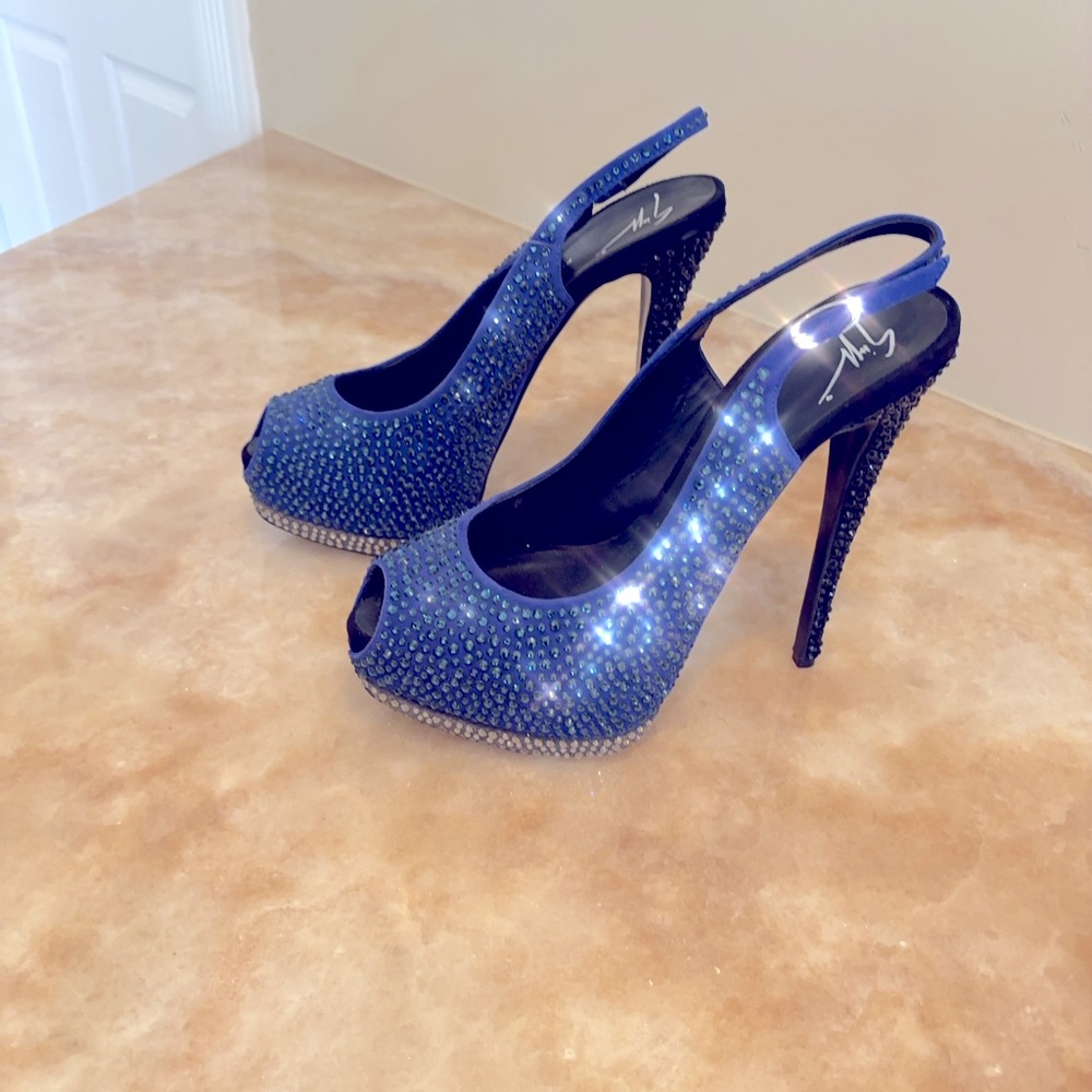 Gorgeous Sequin blue and black Giuseppe Zanotti high heel sling back sandals